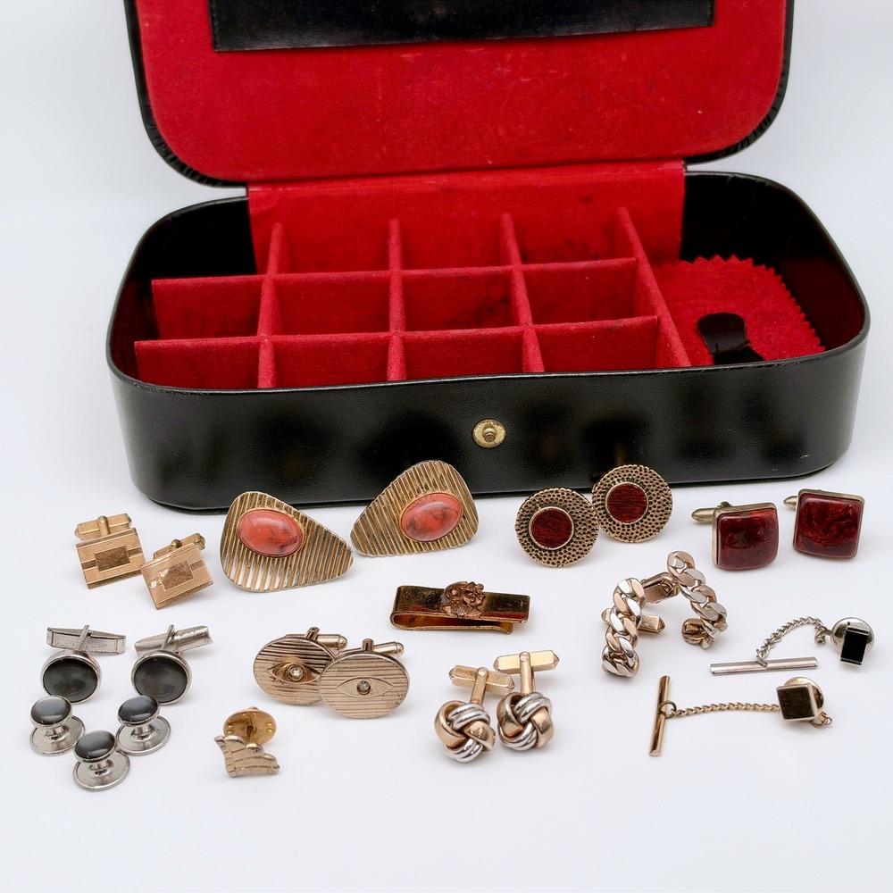 Vintage Mens Cufflinks Shirt Studs Tie Tack Lot in Hickok Jewelry Case